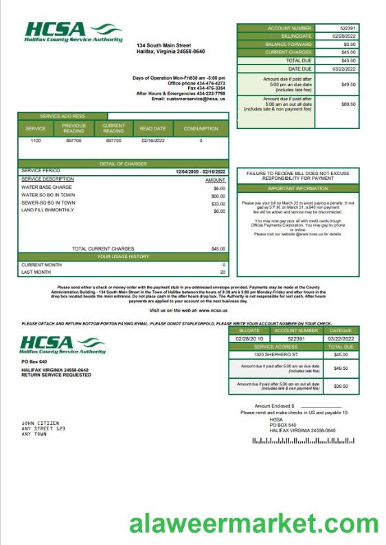 USA Virginia HCSA utility bill template in Word and PDF format
